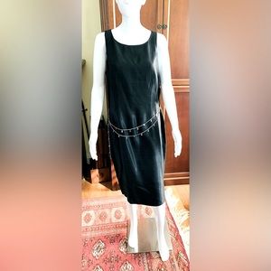 Black shiny linen midi prom party cocktail dress silver metal chain belt US 10